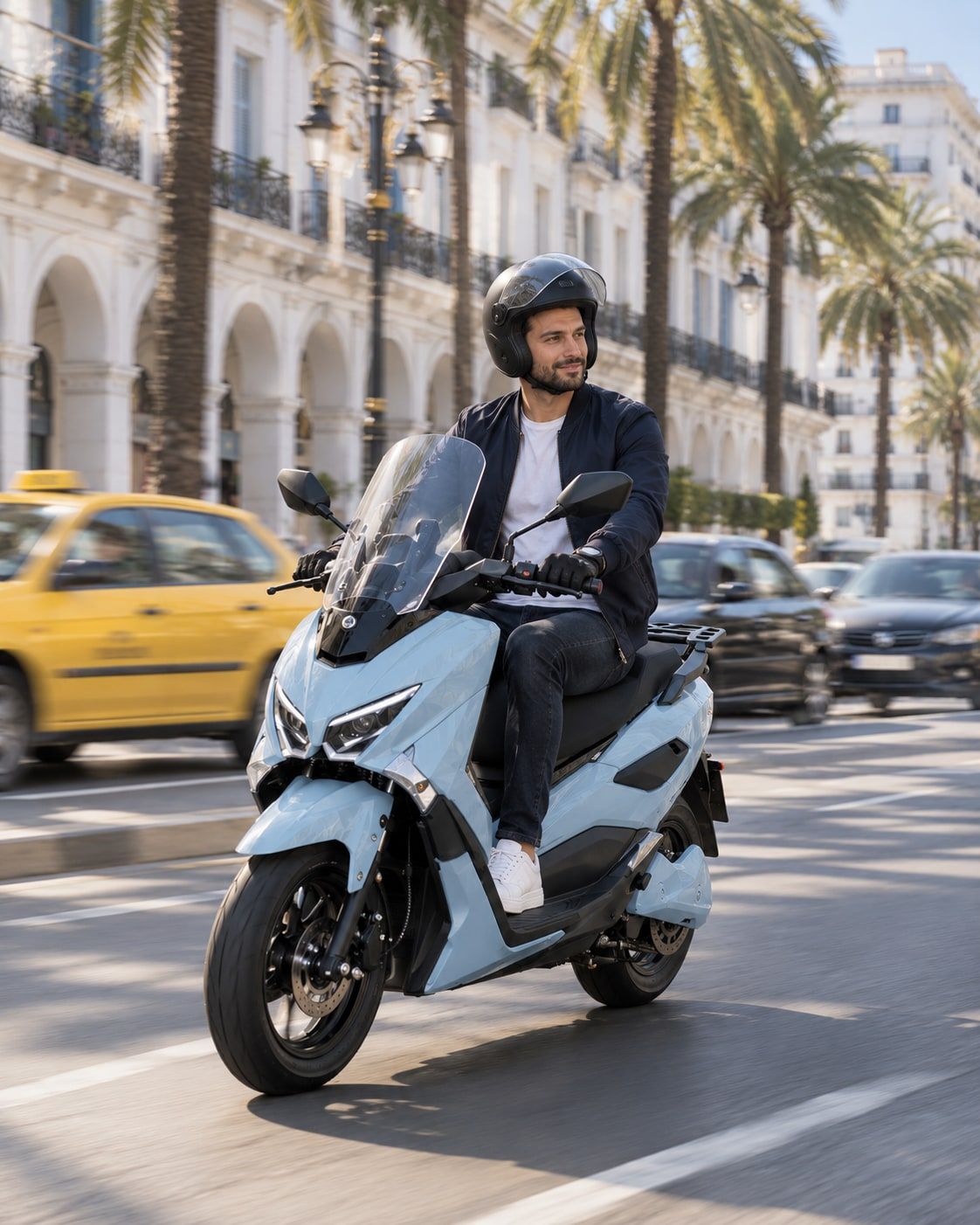 A Potensia rider moving through slow city traffic on a sunny Algiers boulevard