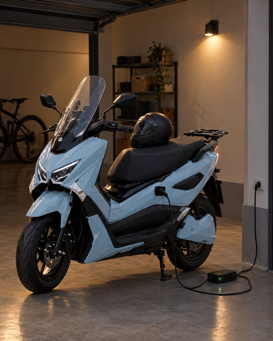 A Potensia charging from a wall socket in a home garage at night