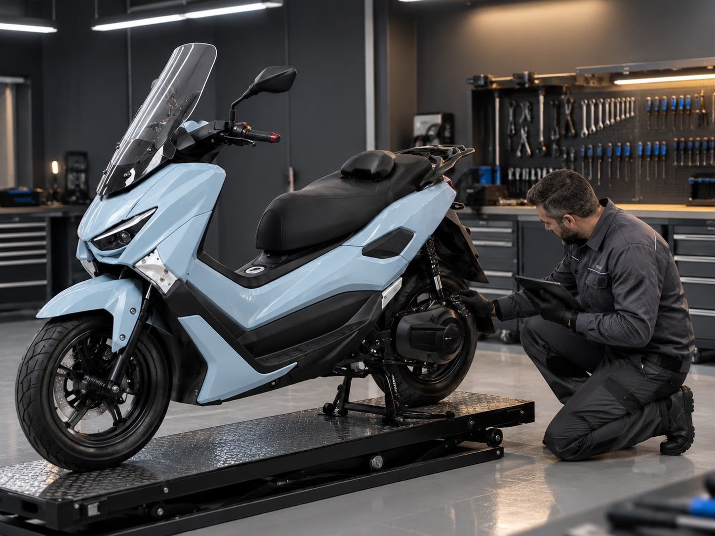 Un technicien contrôle le moteur-moyeu arrière d’une Potensia Heroic Warrior III à l’atelier