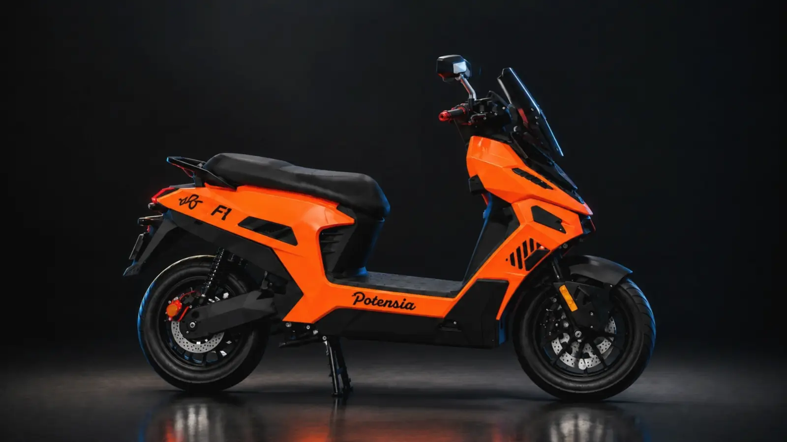 The orange Potensia F1 electric motorcycle in a dark studio, turning from side profile to face the camera with its headlight on